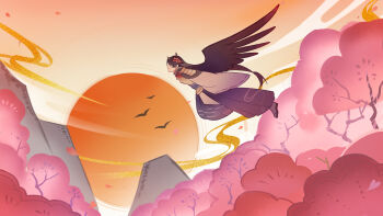 1boy absurdres astruma2 bird bird_boy black_wings cherry_blossoms cloud cloudy_sky commentary english_commentary faceless faceless_male floating flying from_side genshin_impact happy highres japanese_clothes long_sleeves mask mask_on_head mountain no_eyes orange_sky outdoors pants parted_lips red_mask sasayuri_(genshin_impact) shoulder_pads sky smile smoke smoke_trail solo sun sunset teeth tree wide_sleeves wings