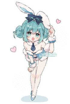 1girl :d animal_ears aqua_eyes aqua_hair artist_name bicute_bunnies_miku bicute_bunnies_miku_(white_bunny) black_bow black_necktie blue_leotard blue_shoes blush bow commentary double_bun fishnet_pantyhose fishnets full_body hair_between_eyes hair_bow hair_bun hatsune_miku highres leaning_forward leotard looking_at_viewer necktie open_mouth pantyhose rabbit_ears shoes short_hair short_necktie simple_background smile solo standing strapless strapless_leotard symbol-only_commentary vocaloid watermark white_background white_pantyhose wrist_cuffs yukomeow