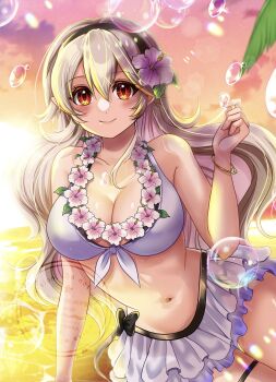 1girl akimiiiii arm_support bare_arms bare_shoulders bikini black_hairband blush breasts bubble cleavage collarbone female_corrin_(fire_emblem) female_corrin_(novice_vacationer)_(fire_emblem) fire_emblem fire_emblem_fates fire_emblem_heroes flower flower_necklace grey_hair hair_between_eyes hair_flower hair_ornament hairband hand_up hibiscus highres jewelry large_breasts looking_at_viewer navel necklace nintendo ocean official_alternate_costume outdoors red_eyes skirt smile solo stomach sunset swimsuit thigh_strap thighs white_bikini white_skirt