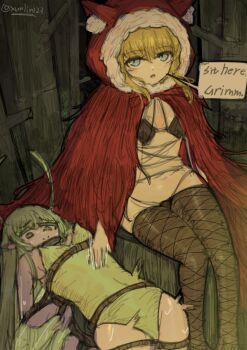 2girls animal_ear_fluff animal_hood antenna_hair black_souls black_souls_2 black_thighhighs blonde_hair blue_eyes breasts bright_pupils cloak commentary_request criss-cross_straps english_text false_smile fur-trimmed_hood fur_trim green_eyes green_hair green_leotard hand_on_another&#039;s_stomach hood hood_up hooded_cloak leaf_(black_souls) leotard long_hair looking_at_viewer lying medium_breasts motion_lines multiple_girls nervous_sweating on_back red_cloak red_hood red_hood_(black_souls) restrained revealing_clothes shibari shibari_over_clothes sidelocks sitting small_breasts smile speech_bubble strapless strapless_leotard sweat thighhighs twitter_username white_pupils wolf_hood xun_lin_(pixiv_93392103)