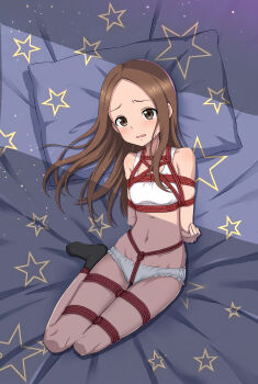 1girl absurdres arms_behind_back bdsm black_socks blush bondage bound bra brown_eyes brown_hair full_body highres karakai_jouzu_no_takagi-san loli long_hair looking_at_viewer lying meitoku on_bed open_mouth panties red_rope restraints rope shibari socks takagi-san underwear white_bra white_panties