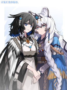 Rule 34 | 2girls, absurdres, animal ear fluff, animal ears, arknights, black hair, black kimono, blue cape, blue eyes, blue hair, braid, bright pupils, cape, chinese commentary, closed mouth, colored inner hair, commentary, dress, expressionless, green eyes, hair between eyes, hair ornament, heads together, heizi, highres, holding hands, japanese clothes, jewelry, kimono, kjera (arknights), long hair, long sleeves, looking at viewer, medallion, multicolored hair, multiple girls, necklace, pramanix (arknights), pramanix the prerita (arknights), short hair, smile, white cape, white dress, white hair, white pupils