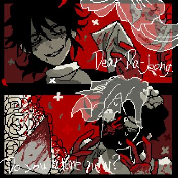 2boys 9aaaalt29 black_hair blood blood_on_face blood_on_flower choi_dajeong english_text envelope flower highres holding holding_envelope married_in_red multiple_boys pale_skin pixel_art red_theme rose shirt smile teeth white_flower white_rose