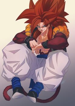 Rule 34 | 1boy, abs, absurdres, blue leg warmers, blue sash, body fur, dragon ball, dragon ball gt, gogeta, highres, leg warmers, long hair, looking at viewer, male focus, metamoran vest, monkey boy, monkey tail, muscular, muscular male, pants, pectorals, red fur, sash, solo, spiked hair, super saiyan, super saiyan 4, tail, yuuri (fukuroudou)