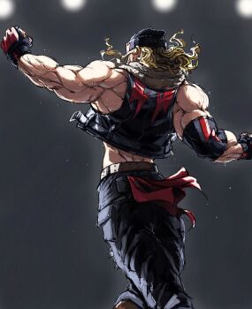 Rule 34 | 1boy, absurdres, alex (street fighter), beanie, belt, black gloves, black hat, black pants, blonde hair, boots, brown belt, brown boots, compression sleeve, cropped jacket, floating hair, from behind, gloves, grey background, hashtag-only commentary, hat, highres, hood, hood down, hooded jacket, jacket, lemon1034, long hair, male focus, midriff, muscular, muscular male, pants, solo, street fighter, street fighter 6