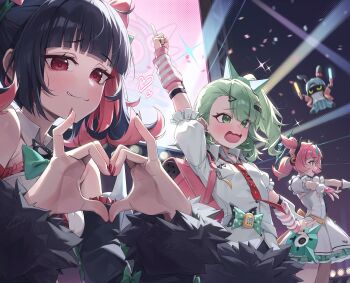 Rule 34 | 3girls, absurdres, angels of delusion, aria (zenless zone zero), arm up, arm warmers, backpack, bag, bangboo (zenless zone zero), black hair, black skirt, blush, closed mouth, commentary, dress, green eyes, green hair, heart, heart hands, highres, index finger raised, multicolored hair, multiple girls, nangong yu, necktie, open mouth, pink hair, randoseru, red eyes, red necktie, shirt, skirt, striped arm warmers, sunna (zenless zone zero), two-tone hair, um 111, untranslatable commentary, white dress, white shirt, zenless zone zero