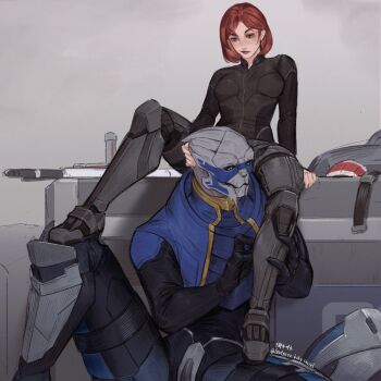 1boy 1girl alien armored_boots artist_name black_gloves black_jacket black_sclera blue_eyes blue_jacket bluesky_username boots brown_hair colored_sclera commander_shepard commander_shepard_(female) elbow_gloves garrus_vakarian gloves green_eyes highres jacket leafjuly mass_effect_(series) short_hair sitting turian watermark web_address