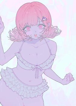 1girl :o bare_shoulders bikini breasts brown_hair cleavage cowboy_shot danganronpa_(series) danganronpa_2:_goodbye_despair flipped_hair frilled_bikini frills grey_bikini hair_ornament highres large_breasts layered_bikini medium_hair nanami_chiaki navel pink_eyes seailand simple_background solo stomach swimsuit teeth