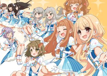 Rule 34 | > <, 6+girls, :d, ^ ^, black hair, blonde hair, blue dress, blue eyes, blush, bow, braid, braided bangs, brown background, brown eyes, brown hair, closed eyes, closed mouth, commentary request, dress, futaba anzu, gradient background, hair bow, hair flaps, hair intakes, hair ornament, hairclip, highres, hisakawa hayate, hisakawa nagi, honda mio, ichihara nina, idolmaster, idolmaster cinderella girls, idolmaster cinderella girls starlight stage, koshimizu sachiko, long hair, low twintails, mimura kanako, moroboshi kirari, multiple girls, new generations (idolmaster), one side up, open mouth, purple hair, rino cnc, shibuya rin, shimamura uzuki, shoes, short sleeves, siblings, sisters, smile, sparkle, steepled fingers, striped clothes, striped dress, twins, twintails, vertical-striped clothes, vertical-striped dress, very long hair, white background, white bow, white shoes, wrist cuffs, xd