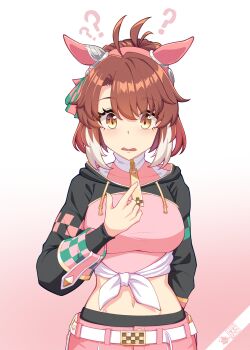 1girl ? ?? absurdres ahoge animal_ears blush bow breasts brown_eyes brown_hair checkered_ribbon colored_tips confused dantsu_flame_(center_spotlight)_(umamusume) dantsu_flame_(umamusume) ear_covers ear_ornament ear_ribbon hair_between_eyes hair_ornament highres horse_ears horse_girl horse_tail large_breasts looking_at_viewer mouhantain multicolored_hair open_mouth pink_shorts pointing pointing_at_self shorts simple_background solo tail umamusume umamusume:_beginning_of_a_new_era white_hair