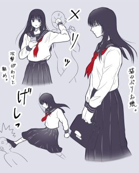 1girl 1other anger_vein axe_kick bag cellphone closed_eyes closed_mouth commentary_request expressionless face_punch greyscale highres holding holding_bag holding_phone in_the_face kicking long_hair long_skirt long_sleeves monochrome mugennitaberu multiple_views neckerchief original phone pleated_skirt profile punching red_neckerchief sailor_collar satchel shirt skirt smartphone spot_color stomping translation_request x_(symbol)