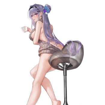 1girl absurdres artist_request ass backboob backless_outfit backless_sweater black_hairband breasts brown_sweater butt_crack cup diamond_hair_ornament earrings feet_out_of_frame flower from_behind full_body gradient_eyes hair_between_eyes hair_flower hair_ornament hairband highres holding holding_cup jewelry kirima_ruka kneepits large_breasts legs long_hair looking_at_viewer multicolored_eyes official_alternate_costume official_art poker_fate purple_eyes purple_hair red_eyes ribbed_sweater sideboob sidelocks sleeveless sleeveless_sweater soles solo stool sweater teacup transparent_background transparent_chair turtleneck turtleneck_sweater underboob very_long_hair virgin_killer_sweater