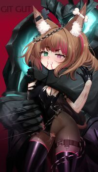 1boy 1girl absurdres animal_ear_fluff animal_ear_piercing animal_ears black_gloves black_leotard black_pantyhose black_thighhighs bone_hair_ornament breasts brown_hair bruise chain choke_hold cleft_of_venus clenched_teeth clothing_aside commentary commission cowboy_shot dashed_eyes female_ejaculation fishnet_gloves fishnets fox_ears fox_girl fox_tail gloves green_eyes groin hair_ornament hetero heterochromia highleg highleg_leotard highres indie_virtual_youtuber injury kiari_art leotard leotard_aside loli medium_hair multicolored_hair nipples nyudachi pantyhose parted_lips pink_eyes pink_hair pussy ryona small_breasts strangling strapless strapless_leotard streaked_hair tail tearing_up tears teeth thighhighs thighhighs_over_pantyhose torn_clothes torn_leotard torn_pantyhose twintails uncensored upper_teeth_only variant_set virtual_youtuber