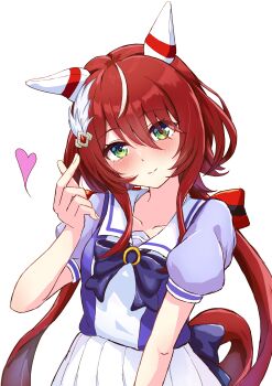 Rule 34 | 1girl, absurdres, animal ears, ayukake277, blush, bow, bowtie, breasts, closed mouth, collarbone, commentary request, ear covers, ear ornament, feather hair ornament, feathers, finger heart, green eyes, hair between eyes, hair ornament, heart, highres, horse ears, horse girl, horse tail, long hair, looking at viewer, low twintails, pleated skirt, puffy short sleeves, puffy sleeves, purple bow, purple bowtie, purple shirt, red hair, sailor collar, sailor shirt, school uniform, shirt, short sleeves, simple background, skirt, small breasts, smile, solo, tail, tracen school uniform, twintails, umamusume, white background, white sailor collar, white skirt, win variation (umamusume)