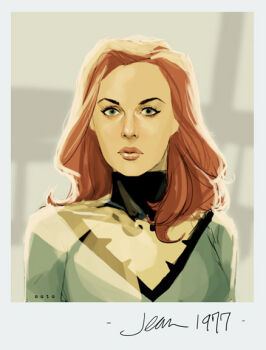 1girl artist_name bird blurry blurry_background bodysuit border breasts character_signature depth_of_field green_bodysuit green_eyes jean_grey long_hair looking_at_viewer marvel medium_breasts multicolored_bodysuit phil_noto phoenix phoenix_(x-men) portrait red_hair solo superhero_costume two-tone_bodysuit white_border x-men yellow_bodysuit