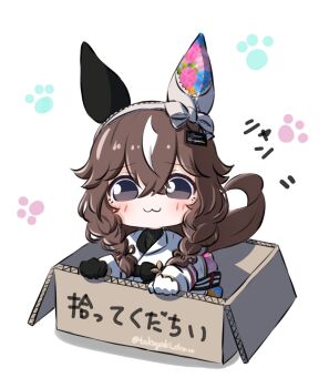 1girl :3 animal_ears asymmetrical_gloves black_gloves blush box brown_eyes brown_hair cardboard_box chibi chibi_only closed_mouth commentary crossed_bangs curren_bouquetd'or_(umamusume) double-parted_bangs ear_covers english_commentary full_body gloves hair_between_eyes highres horse_ears horse_girl horse_tail in_box in_container long_hair long_sleeves looking_at_viewer mismatched_gloves multicolored_hair shirt simple_background single_ear_cover sitting solo tail takoyaki_(takoyaki_draw) two-tone_hair umamusume white_background white_gloves white_hair white_shirt