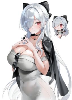 Rule 34 | 1girl, absurdres, black choker, black jacket, blush, breasts, bright pupils, chibi, choker, choyeon, cinderella (beautiful me) (nikke), cinderella (nikke), cleavage, commentary, dongtan dress, dress, english commentary, eyewear hang, goddess of victory: nikke, grey dress, grey hair, hair over one eye, heart, heart necklace, highres, jacket, jacket on shoulders, jewelry, large breasts, leather, leather jacket, long hair, looking at viewer, necklace, official alternate costume, official alternate hairstyle, one eye covered, parted lips, red eyes, ringed eyes, simple background, solo, taut clothes, taut dress, unworn eyewear, very long hair, white background, white hair, white pupils