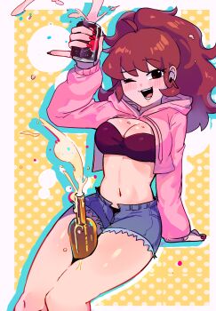 1girl absurdres ahoge beer_bottle benzbt between_thighs black_panties black_tube_top blue_shorts breasts brown_eyes brown_hair can cleavage cropped_hoodie friday_night_funkin' girlfriend_(friday_night_funkin') highres holding holding_can hood hoodie long_hair looking_at_viewer medium_breasts nail_polish navel one_eye_closed open_fly panties pink_hoodie ponytail red_nails shorts smile solo strapless tube_top underwear