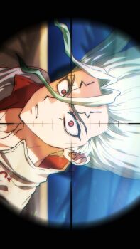 1boy aiming clenched_teeth d_ico_4 dr._stone green_hair highres ishigami_senkuu long_hair ocean red_eyes scared serious shirt simple_background teeth upper_body water white_shirt