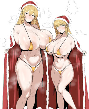 2girls areola_slip bikini black_eyes blonde_hair blush breasts cameltoe christmas commentary_request covered_erect_nipples curvy drill_hair drill_sidelocks embarrassed feet_out_of_frame gold_bikini hat highres huge_breasts kaneda_maria kaneda_mochiko large_areolae large_breasts long_hair looking_at_viewer micro_bikini mother_and_daughter mount_celeb_kaneda-san multiple_girls navel open_mouth opened_by_self santa_costume santa_hat sidelocks simple_background skindentation smile sochin_douji standing stomach string_bikini sweat swimsuit thick_thighs thighs white_background yellow_eyes