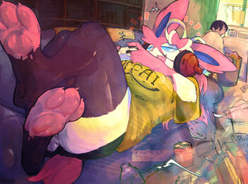 +++ ... 1boy 1girl animal_ears animal_feet animal_nose black_shorts blue_sclera body_fur book bottle bow breasts can claws clothes_writing colored_sclera couch crossed_ankles drink_can english_text fang feet female_focus fishnet_thighhighs fishnets full_body game_controller gen_6_pokemon hair_between_eyes hair_bow hair_ribbon half-closed_eyes happy headphones hector_(thwillartz) holding_controller holding_game_controller indoors large_breasts long_hair looking_at_another looking_back looking_to_the_side loose_hair_strand lying nintendo notice_lines on_back on_couch open_mouth original pawpads personification pink_bow pink_fur pink_hair playing_games pokemon pokemon_(creature) purple_thighhighs ribbon romaji_text shirt short_shorts short_sleeves shorts smile soda_can soles solo_focus sylveon thick_thighs thighhighs thighs thwillartz toeless_legwear toes two-tone_fur vince_(thwillartz) white_eyes white_fur white_ribbon wide_sleeves yellow_shirt