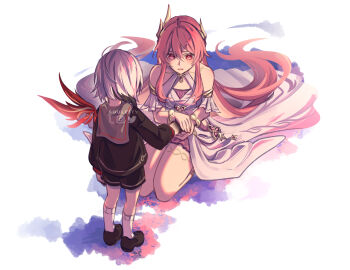 Rule 34 | 2girls, arlecchino (genshin impact), bare shoulders, black hair, black jacket, black shoes, black shorts, commentary, dress, english commentary, genshin impact, grey hair, hair between eyes, highres, jacket, long hair, looking at another, multicolored hair, multiple girls, open mouth, peruere (genshin impact), red eyes, red hair, red wings, seiza, shoes, short hair, shorts, simple background, single wing, sitting, socks, sonnet (genshin impact), soulc1ty, standing, streaked hair, very long hair, white background, white dress, white socks, wings