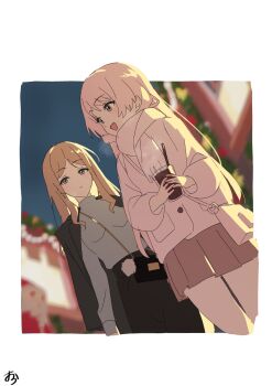 2girls bang_dream! bang_dream!_it's_mygo!!!!! black_coat border brown_hair brown_skirt chihaya_anon coat coat_on_shoulders commentary cup fang grey_eyes grey_shirt highres holding holding_cup long_hair multiple_girls nagasaki_soyo open_mouth ora_(oraora_oekaki) outside_border pink_scarf purple_eyes scarf shirt sidelocks skirt white_border white_shirt