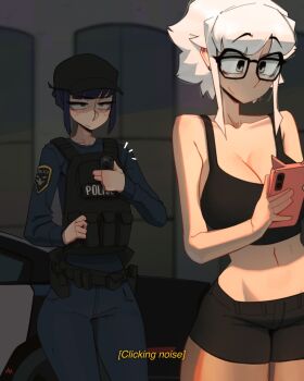 2girls black_hair black_shorts black_tank_top blue_pants blunt_bangs breasts cellphone cleavage closed_mouth commentary english_commentary english_text glasses grawlix_(shibansfw) green_eyes grey_eyes grey_hair highres holding holding_phone holding_walkie-talkie large_breasts long_sleeves looking_at_another looking_at_phone multiple_girls narrowed_eyes original pants parted_bangs phone police police_uniform policewoman sanpaku shibansfw short_hair shorts sidelocks smartphone smile tank_top walkie-talkie