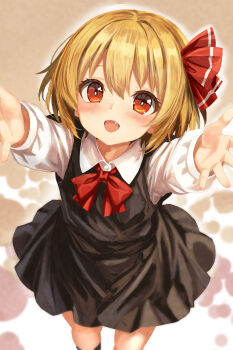 1girl absurdres black_dress blonde_hair bow commentary_request dress fang hair_ribbon highres incoming_hug looking_at_viewer open_mouth pinafore_dress red_bow red_eyes red_ribbon ribbon rumia shirt sleeveless sleeveless_dress smile solo touhou white_shirt ya-ya