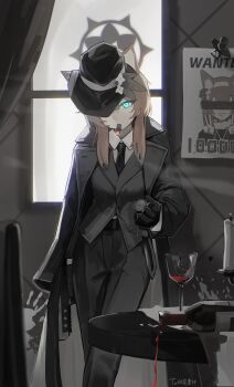 1girl absurdres alternate_costume animal_ear_fluff animal_ears black_coat black_hat black_jacket black_necktie black_pants blue_archive blue_eyes cat_ears cat_girl cigar coat coat_on_shoulders collared_shirt double_v fedora hair_between_eyes halo hat high-waist_pants highres indoors jacket long_hair looking_at_viewer mari_(blue_archive) necktie pants partially_colored rescat shirt sidelocks smoking solo v wanted_poster white_shirt yellow_halo