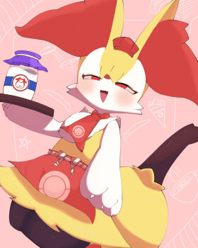 1girl animal_ear_fluff animal_ears animal_hands animal_nose apron arm_at_side black_fur blush body_fur bottle braixen newsboy_cap claws cowboy_shot cropped_legs drink dutch_angle fang female_focus flat_chest fox_ears fox_girl fox_tail furry furry_female gen_2_pokemon gen_6_pokemon half-closed_eyes hand_up happy hat highres holding holding_drink holding_tray looking_at_viewer milk milk_bottle miltank mini_hat moomoo_milk multicolored_fur neck_fur necktie nintendo open_mouth poke_ball_symbol pokemon pokemon_(creature) pokemon_cafe_remix red_apron red_background red_eyes red_hat red_necktie sakuyan_(sakuyan1007) skin_fang smile solo standing stick tail thick_thighs thighs tray waist_apron white_fur yellow_fur