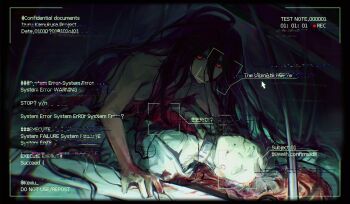 2boys artist_name blood blood_on_hands corpse cursor danganronpa_(series) danganronpa_2:_goodbye_despair death english_text found_footage highres hinata_hajime implied_murder kamukura_izuru kexiu long_hair multiple_boys murder no_shirt red_eyes very_long_hair video_camera