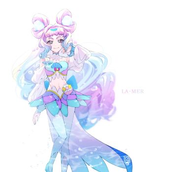 1girl air_bubble aoi_tete aqua_shoes artist_logo backlighting blue_dress blue_hair brooch bubble character_name closed_mouth clothing_cutout cure_la_mer dress eyelash_ornament hair_ornament hand_in_own_hair highres jewelry laura_la_mer logo long_hair long_sleeves looking_at_viewer magical_girl multicolored_dress multicolored_hair nail_polish navel off-shoulder_dress off_shoulder pantyhose pouch precure purple_dress purple_eyes purple_hair shell_brooch shoes short_dress simple_background smile solo sphere_hair_ornament standing standing_on_one_leg stomach_cutout tropical-rouge!_precure two-tone_hair very_long_hair white_background white_pantyhose