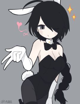 Rule 34 | 1girl, animal ears, awawah88, black boots, black bow, black bowtie, black hair, black leotard, black pantyhose, blowing kiss, boots, bow, bowtie, braid, breasts, cleavage, closed mouth, collarbone, commentary, detached collar, english commentary, eyes visible through hair, fake animal ears, funamusea, gloves, grey background, grey eyes, heart, highres, kurai yonaka, large breasts, leotard, long hair, looking at viewer, mogeko castle, one eye closed, pantyhose, playboy bunny, rabbit ears, rabbit tail, signature, simple background, solo, sparkle, strapless, strapless leotard, tail, white gloves