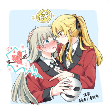 2girls arrow_through_heart black_ribbon blonde_hair blue_background blue_eyes bow chinese_commentary collared_shirt commentary_request ear_bow grey_hair hair_ribbon highres holding holding_mask hyakkaou_academy_school_uniform jacket kakegurui long_hair mask momobami_ririka multiple_girls parted_lips red_jacket ribbon saotome_mary school_uniform shirt simple_background translation_request twintails white_shirt yellow_eyes youyan yuri