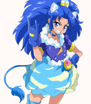 Rule 34 | 1girl, \n/, animal ears, big hair, blue choker, blue eyes, blue gloves, blue hair, blue shirt, blue skirt, blue thighhighs, bubble skirt, choker, commentary, cowboy shot, crown, crown earrings, cure gelato, earrings, gloves, grin, hand on own hip, hand up, jewelry, kirakira precure a la mode, lion ears, lion girl, lion tail, long hair, looking at viewer, magical girl, pointed crown, precure, shirt, short sleeves, simple background, single thighhigh, skirt, smile, solo, standing, tail, tategami aoi, thighhighs, uraki, v-shaped eyebrows, white background
