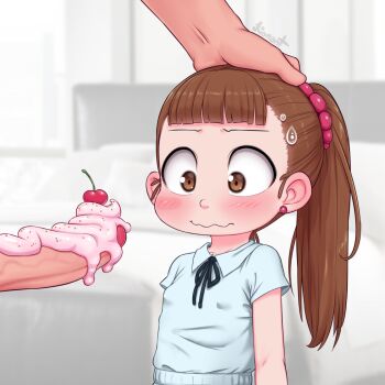 1boy 1girl black_ribbon blue_shirt blunt_bangs blurry blurry_background blush brown_hair cherry closed_mouth covered_erect_nipples depth_of_field earrings erection food food_on_body food_on_penis fruit hand_on_another's_head hetero highres imminent_fellatio jewelry kionant loli long_hair looking_at_penis neck_ribbon original penis ponytail ribbon shirt solo_focus standing sweatdrop uncensored veins veiny_penis wide-eyed