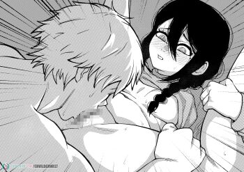 1boy 1girl age_difference black_hair blush bottomless censored chainsaw_man cunnilingus denji_(chainsaw_man) ervilderwelt hetero loli monochrome mosaic_censoring motion_lines nayuta_(chainsaw_man) oral size_difference tagme