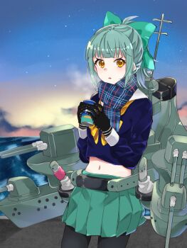 Rule 34 | 1girl, black gloves, black pantyhose, blush, bow, can, commentary request, gloves, green bow, green hair, green skirt, holding, holding can, kantai collection, long sleeves, looking at viewer, midriff, morning, navel, orange eyes, outdoors, pantyhose, parted lips, plaid clothes, plaid scarf, pleated skirt, ponytail, rigging, scarf, skirt, sky, solo, star (sky), steam, sunrise, taiki (ozone), water, yuubari (kancolle)