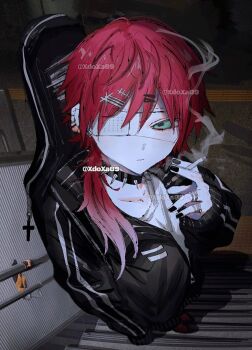 1boy alternate_costume black_jacket black_nails cigarette closed_mouth collar commentary ear_piercing eyepatch foreshortening full_body gradient_hair green_eyes hair_between_eyes hair_ornament hairclip hand_up highres holding holding_cigarette instrument_case instrument_case_on_back jacket jewelry lauren_iroas long_hair long_sleeves male_focus multicolored_hair multiple_rings nijisanji on_stairs outdoors piercing railing ring side_ponytail smoke smoke_trail smoking spiked_collar spikes standing symbol-only_commentary virtual_youtuber xdoxa89