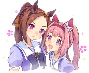 2girls :d :o absurdres animal_ears black_bow black_bowtie bow bowtie brown_hair commentary_request ear_bow ear_covers ear_scrunchie hairband haru_urara_(umamusume) highres horse_ears long_hair long_sleeves looking_at_viewer mochiusasa multiple_girls open_mouth pink_eyes pink_hair ponytail puffy_long_sleeves puffy_sleeves purple_eyes red_hairband sakura_bakushin_o_(umamusume) school_uniform simple_background smile tracen_school_uniform umamusume white_background