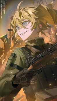 1girl aci_drawx ahoge arcade_(architecture) artist_logo artist_name black_gloves blonde_hair blue_eyes fur_trim glitch gloves green_jumpsuit gun hair_between_eyes hand_up high_ponytail highres holding holding_gun holding_weapon huge_ahoge jumpsuit logo long_hair long_sleeves looking_to_the_side military military_uniform outdoors ponytail puffy_long_sleeves puffy_sleeves rainbow rifle ruins sidelocks smile sniper_rifle solo tanya_degurechaff teeth upper_body watermark weapon youjo_senki zipper