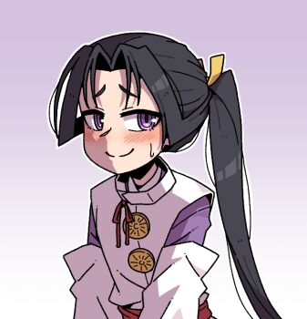 1boy androgynous black_hair blush commentary houjou_tokiyuki_(nige_jouzu_no_wakagimi) japanese_clothes karepack male_focus nige_jouzu_no_wakagimi ponytail purple_eyes raised_inner_eyebrows sidelocks_tied_back solo sweatdrop upper_body