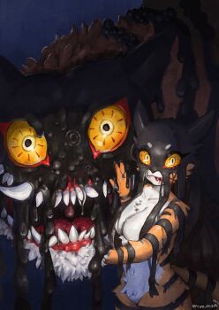 1girl absurdres blood blood_on_face blue_background body_fur breasts colored_sclera constricted_pupils corruption cowboy_shot creature_and_personification dark_persona dream_tiger_(govy9807) dual_persona fangs furry furry_female highres liquid living_shadow looking_at_viewer monster navel open_mouth orange_fur original pepper_gecko72 personification possessed possession saliva sharp_teeth signature simple_background size_difference slit_pupils standing tail teeth tiger tiger_girl tiger_tail tusks twitter_username white_fur yellow_eyes yellow_sclera