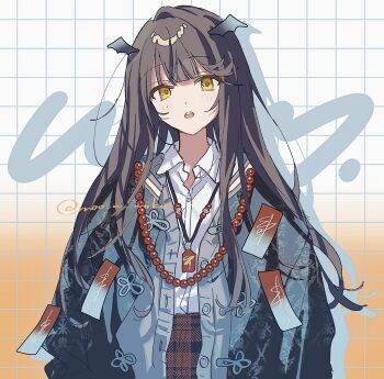 1girl bead_necklace beads brown_hair cardigan checkered_clothes checkered_skirt collared_shirt dress_shirt grey_cardigan head_wings highres jewelry long_hair moo_n_moko necklace open_cardigan open_clothes open_mouth original red_skirt shirt skirt solo teeth upper_teeth_only white_shirt wings yellow_eyes