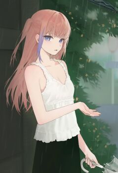 Rule 34 | 1girl, alternate costume, bare shoulders, black skirt, blue eyes, breasts, camisole, collarbone, commentary, english commentary, frilled camisole, frills, girls' frontline, holding, holding umbrella, kir (khw66136132), looking at viewer, multicolored hair, one side up, open mouth, pink hair, purple hair, rain, skirt, small breasts, solo, st ar-15 (girls' frontline), streaked hair, two-tone hair, umbrella, vegetation, white camisole