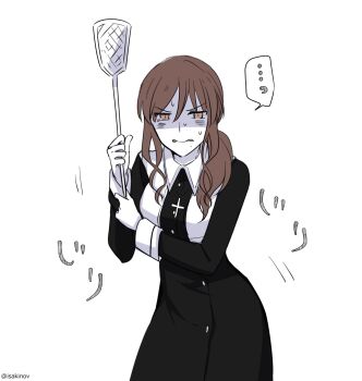 1girl angry breasts brown_hair commentary_request cross cross_necklace facing_viewer fighting_stance flyswatter hair_between_eyes jewelry looking_at_viewer mole mole_under_mouth necklace nervous_sweating noel_(tsukihime) nun side_ponytail sukiniyaru sweat tsukihime tsukihime_(remake) tunic wing_collar