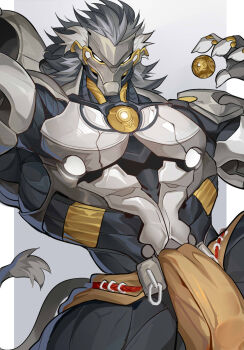 1boy ao_(chung0u0) arm_up banyue_(zenless_zone_zero) bara closed_mouth commentary english_commentary grey_hair highres long_hair looking_at_viewer male_focus muscular muscular_male orb robot_boy tail zenless_zone_zero