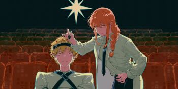 1boy 1girl a_clockwork_orange black_necktie black_pants blonde_hair braid chainsaw_man closed_mouth coat commentary denji_(chainsaw_man) eye_drops highres long_hair ludovico_technique makima_(chainsaw_man) movie_theater necktie orange_eyes pants red_hair shirt short_hair sidelocks straitjacket symbol-only_commentary tuzaixia white_coat white_shirt yellow_eyes