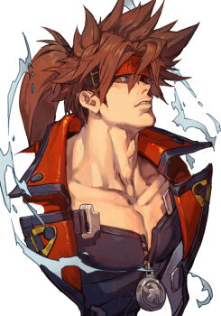 1boy black_shirt brown_eyes brown_hair collarbone guilty_gear high_ponytail hungry_clicker long_hair male_focus muscular muscular_male ponytail red_vest shirt simple_background sol_badguy solo vest white_background